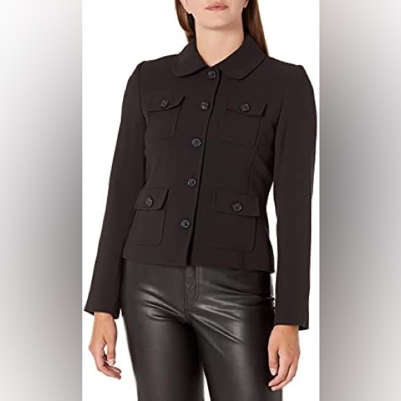 Karl Lagerfeld Paris Women's Four Pocket Peter Pan Collared Jacket, Black - Picture 2 of 10